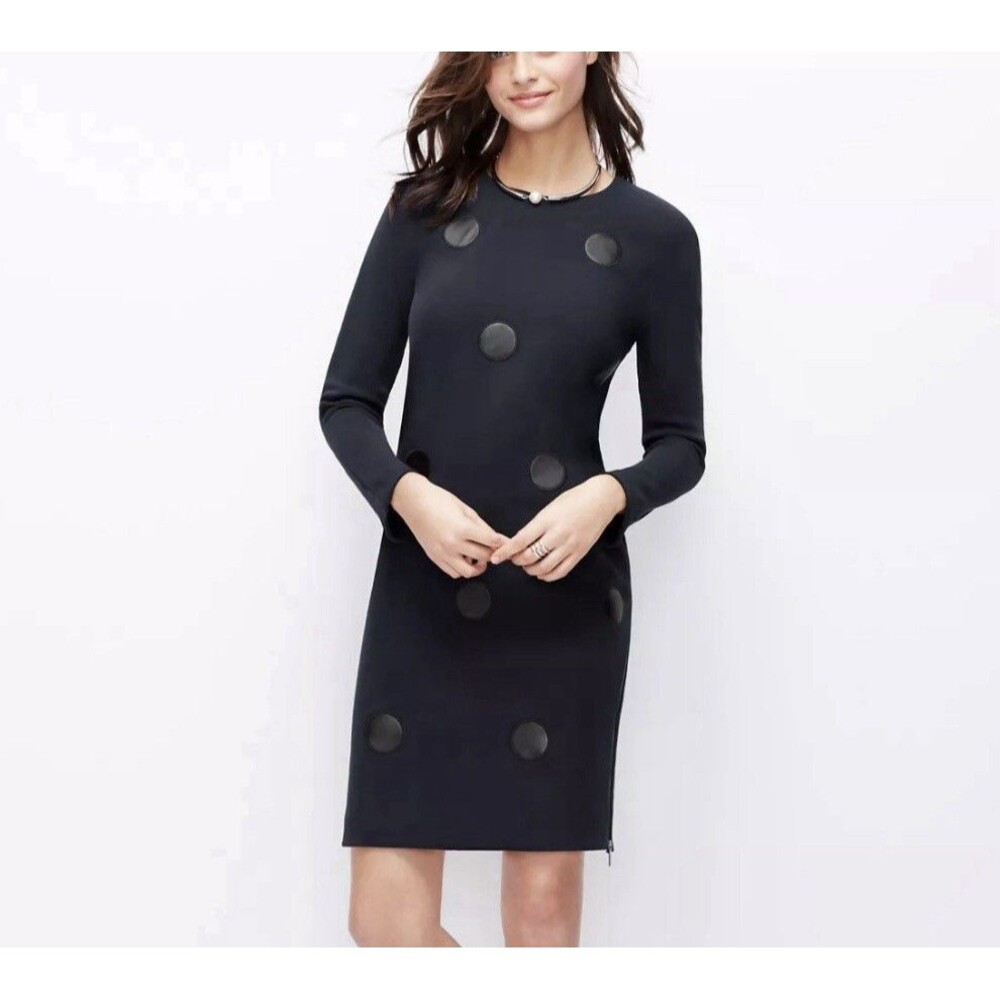 ANN TAYLOR Shift Dress Blue Knit With Faux Leather Dots and Side Zippers Size 12